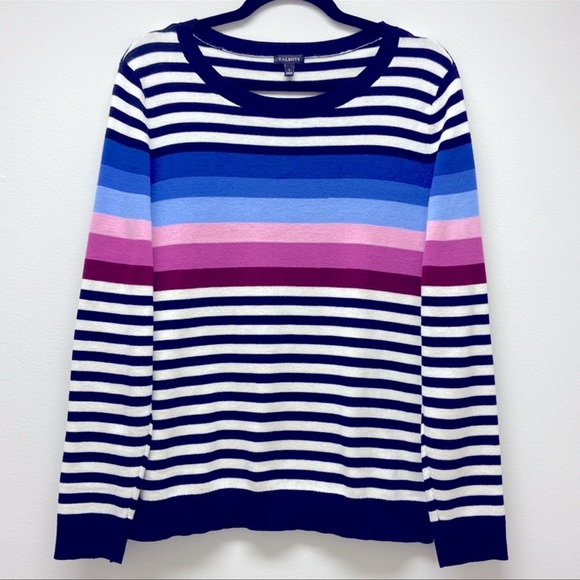 Talbots | Striped Knit Crewneck Sweater Navy/Multi-Colored L - Picture 2 of 8